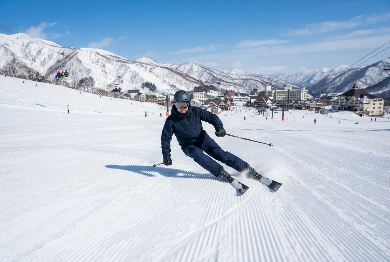 プロによるスキー技術指導 Professional ski instructor demonstrating technique